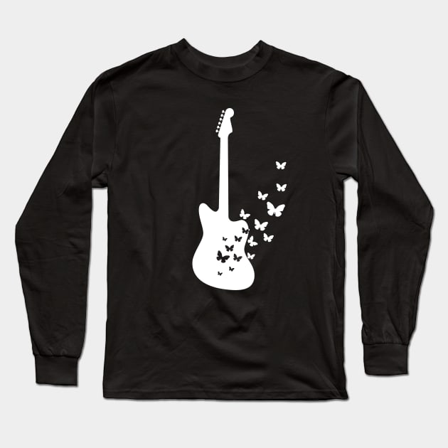 Offset Style Electric Guitar Silhouette Turning Into Butterflies Long Sleeve T-Shirt by nightsworthy